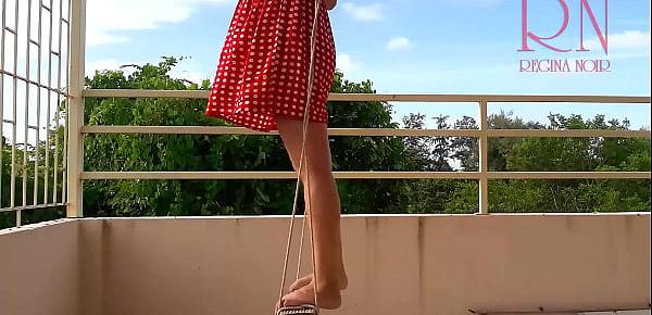 Cute housewife has fun without panties on the swing. Slut swings and shows her perfect pussy.